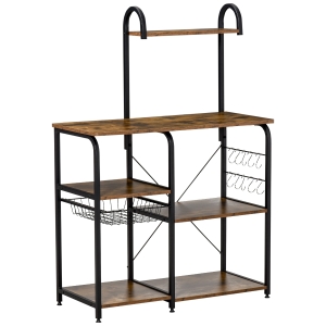 HOMCOM Mobile Cucina con Cestino Estraibile 6 Ripiani 4 Ganci, in Metallo e Legno, Marrone Rustico