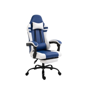 Vinsetto Poltrona Gaming e da Ufficio in Similpelle Blu e Bianca Reclinabile e con Poggiapiedi Estraibile