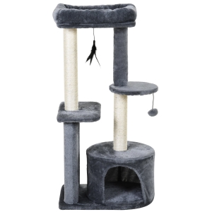 PawHut Tiragraffi per Gatti con Cuccia Posatoio e 2 Ripiani Bianco e Grigio 48x35x100cm