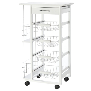HOMCOM Carrello da Cucina in Legno Bianco con 1 Cassetto e 4 Cestelli Metallici