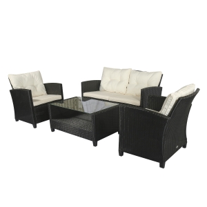 Outsunny Set Mobili da Giardino 4 Pezzi in Rattan PE Tavolino, Divano e Poltrone Nero con Cuscini Beige