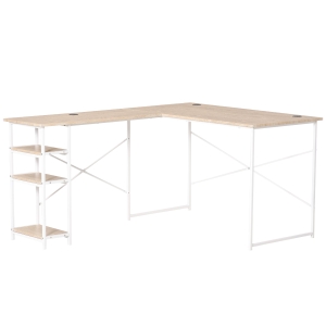 HOMCOM Scrivania Angolare con Scaffale a 3 Mensole e Fori Passacavi, Metallo e MDF 150x120x74cm, Legno e Bianco