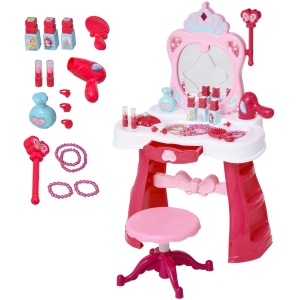 Homcom Postazione Trucco Giocattolo per Bambine con Sgabello Luci Suoni e Accessori Inclusi Bianca e Rosa