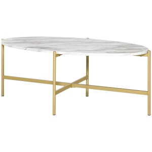Table basse ovale style art déco métal doré aspect marbre blanc