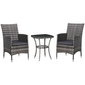 Outsunny 3-tlg. Gartensitzgruppe mit Beistelltisch Rattan Gartenset, Polyrattan, Stahl, 60 x 58,5 x 89,5 cm, Grau