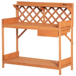 Outsunny Masa de Lucru pentru Gradinarit din Lemn de Brad cu Grilaj, Sertar si Polite, 111,8x50,3x112,3cm