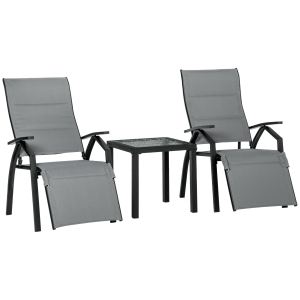 Outsunny Set de Gradina cu 2 Sezlonguri Inclinabile Tapitate si Masuta din Sticla, Gri