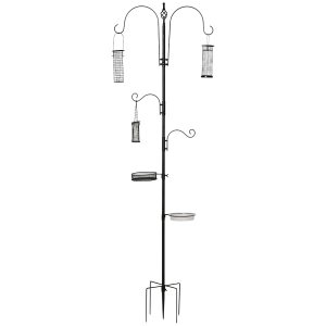 PawHut Suport pentru hranirea pasarilor, 4 cârlige cu vase și 3 alimentatoare diferite din oțel 54.5x54.5x208cm Nera
