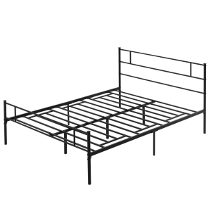 HOMCOM Structura Pat Matrimonial din Otel 160x200cm cu Sipci Integrate, Tetiera si Tablie -Negru
