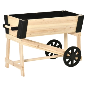 Outsunny Jardiniera inaltata cu 2 roti pentru exterior din lemn natural pentru flori si plante de gradina