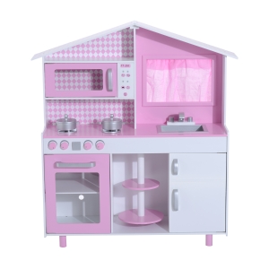HomCom Bucătărie Jucărie pentru Copii din Lemn cu Accesorii, Roz, 110x32.5x99.5cm