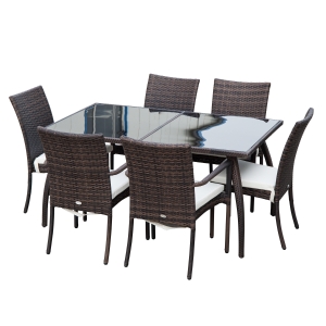 Outsunny Set Mobilier Rattan Masa de Pranz in Sticla cu 6 Scaune, Maro