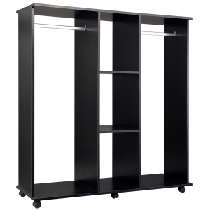 HOMCOM Dulap cu 5 Rafturi, Cuier Cărucior cu Roti și 2 Bare Umerașe, Organizator Cuier Mobil pentru Haine, Metal și Lemn, 120x40x128cm, Negru