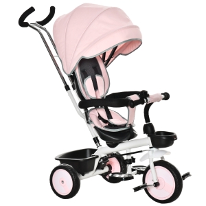 HOMCOM 6 in 1 Baby Tricycle Toddler Stroller Pedal Tricycle w/ Reversible Seat Adjustable Removable Handle Canopy Handrail Belt Storage Footrest Clutch for 1-5 Years Old Pink