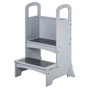 HOMCOM Kids Wooden Step Stool Learning Tower Kitchen Helper w/ Non-Slip Panels Handles Child Toddler Home Help 3 - 8 Yrs Grey