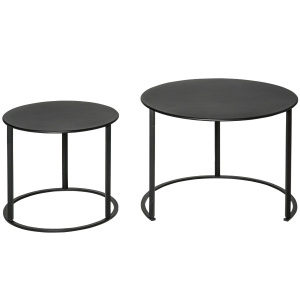Outsunny Juego de 2 Mesas de Café Ø70x50 cm y Φ50x43 cm Mesitas Auxiliares Redondas de Metal para Jardín Salón Domitorio Carga Máxima de 25 kg Negro