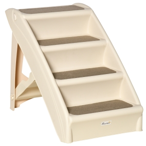 PawHut Escalera Plegable para Mascotas de 4 Peldaños Escalón para Perros Gatos Portátil con Alfombras Antideslizantes para Cama Sofá Carga 20 kg 67x38x49,5 cm Beige