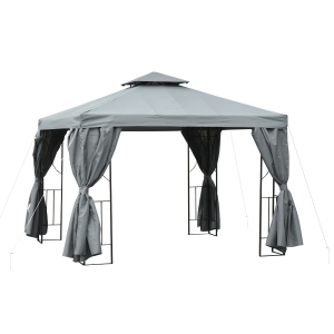 Outsunny Cenador de Jardín 3x3 m Pabellón con 4 Cortinas Laterales Extraíbles de Cremallera 8 Orificios de Drenaje y Doble Techo Gris