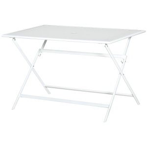 Outsunny Mesa de Jardín de Metal Plegable Mesa de Camping Rectangular de Vidrio Templado con Agujero para Sombrilla para Picnic Terraza Balcón 110x70x70 cm Blanco