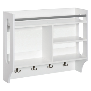 HOMCOM Estantería de Pared con 4 Ganchos 3 Compartimentos 1 Estante y Barra Metálica Estilo Moderno Multiuso para Ropa Llaves Libros 73x20x60 cm Blanco