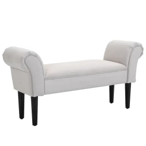 HOMCOM Small Linen Upholstered Ottoman Bench with Rolled Arm End, Elegant Wooden Legs, Compact Design, Grey