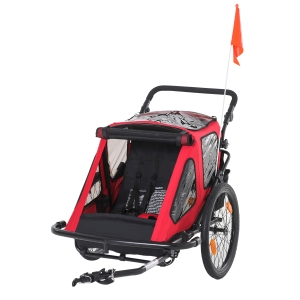HOMCOM Remolque de Bicicleta para Niños +18 Meses 2 en 1 Cochecito de Paseo de 2 Plazas con Altura Ajustable del Manillar Barra Bandera y Reflectores 160x83x96 cm Rojo