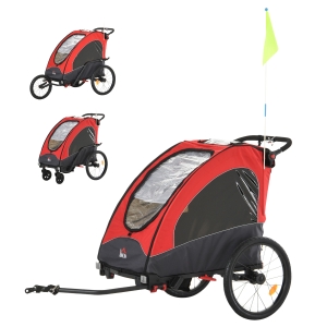 HOMCOM Remolque Infantil 3en1 para Bicicleta Carro de 2 Plazas para Niños de +6 Meses Plegable Ruedas Giratorias y Manillar Ajustable 150x85x107 cm Rojo