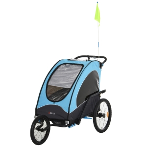 HOMCOM Remolque Infantil 3en1 para Bicicleta Carro de 2 Plazas para Niños de +6 Meses Plegable Ruedas Giratorias y Manillar Ajustable 150x85x107 cm Azul