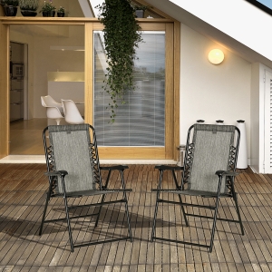Outsunny 2 Pieces Patio Folding Chair Set, Outdoor Portable Loungers for Camping Pool Beach Deck, Lawn Chairs with Armrest Steel Frame, Grey