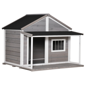 PawHut Cuccia per Cani da Esterno in Legno, Casetta per Cani con Terrazza, Finestra e Tetto Impermeabile, 127x112x109cm, Grigio