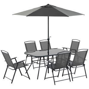 Outsunny Conjunto de Muebles de Jardín 8 Piezas con 6 Sillas Plegables Mesa de Comedor de Vidrio y Sombrilla Inclinable con Manivela Protección del Sol para Terraza Exterior Negro