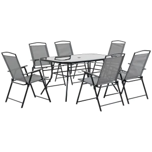 Outsunny 7 Piece Garden Furniture Set with Glass Dining Table and Folding Chairs, 6 Seater Outdoor Patio Furniture for Deck and Balcony, Black