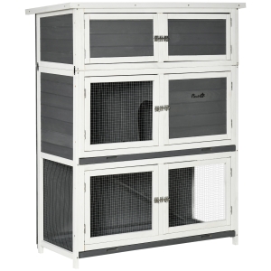 PawHut Clapier en bois pour lapin à 2 étages + 1 niveau de rangement pour intérieur et extérieur avec plateau coulissant, rampe, pour lapins et petits animaux, dim. 113L x 48l x 135H cm gris