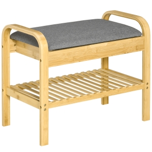HOMCOM Bamboo Shoe Bench, Shoes Rack Stool with Cushion, Hidden Storage and 1 Shelf for Living Room, Hallway, Bedroom, Natural