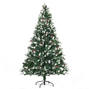 HOMCOM Albero di Natale Artificiale 180cm Innevato con Neve Finta e Bacche Rosse