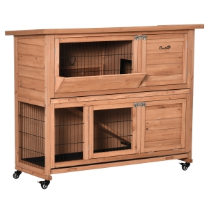 PawHut Conigliera in Legno a 2 Livelli con Ruote, Vassoio Estraibile e Rampa, 122x50x101cm