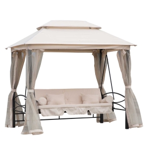 Outsunny 2-in-1 Convertible Swing Chair Bed 3 Seater Hammock Gazebo Patio Bench Cushioned Seat Mesh Curtains - Cream White