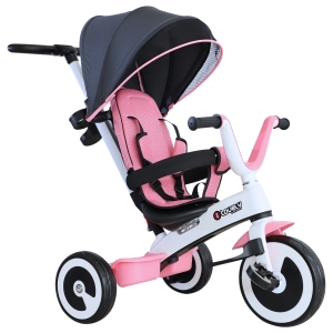 HOMCOM Baby Tricycle 4-in-1 W/Canopy, 3 Wheels-Pink