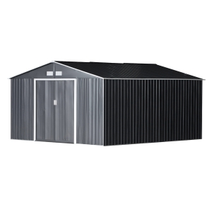 Outsunny 13 x 11ft Outdoor Garden Roofed Metal Storage Shed Tool Box with Foundation Ventilation & Doors, Grey