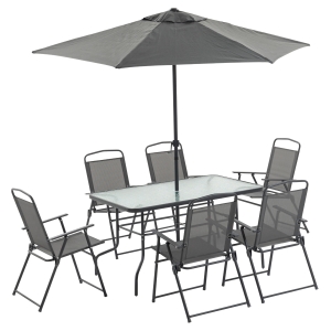 Outsunny Set Tavolo con 6 Sedie Pieghevoli e Ombrellone, Piano in Vetro e Sedute in Tessuto, Grigio