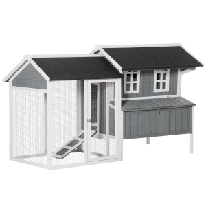 PawHut Hühnerstall Hühnerhaus mit Nistkasten Rampe winterfest Hühnervoliere 2 Ebenen Gehege leicht zu reinigen Tannenholz Stahl Asphalt Grau 209,5 x 96 x 123 cm