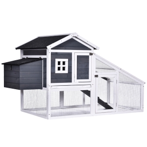PawHut Wooden Chicken Coop Backyard Hen Cage House Poultry with Comfortable Nesting Box Run Ramp Sliding Tray Outdoor 175.4 x 95.5 x 100cm Grey