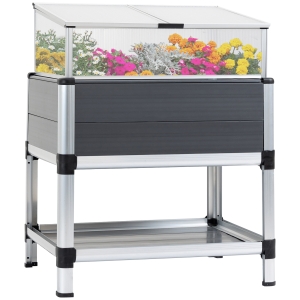 Outsunny Fioriera Rialzata con Mini Serra in Policarbonato e Mensola Inferiore in Alluminio e PVC, Grigio
