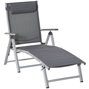 Transat pliable dossier inclinable multi-positions têtière alu. textilène gris