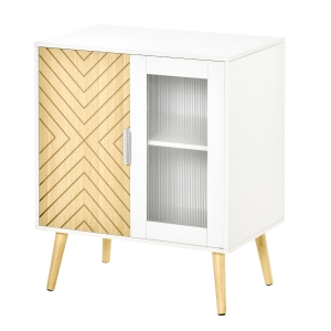 Buffet scandinave 2 portes blanc aspect bois clair motif graphique et acrylique