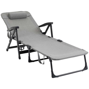 Outsunny Folding Chaise Lounge Chair, Mesh Fabric Lounge Chair, 7-Reclining Position Sleeping Bed with Pillow & Cup Holder or Poolside, Deck, Backyard, Light Grey