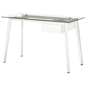 Bureau informatique contemporain tiroir plateau verre trempé châssis métal blanc