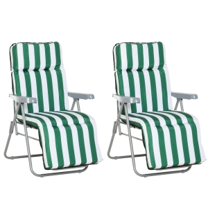 Outsunny 2 Pc Folding Sun Reclining Chairs W/ Cushions Set-Green/White