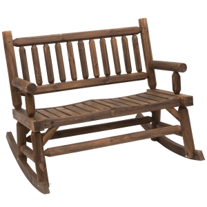 Outsunny 2-Seat Rocking Bench Wood Frame Rough-Cut Log Loveseat Slatted Dark Stain Brown