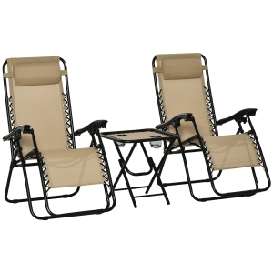 Outsunny 3pcs Folding Zero Gravity Chairs Sun Lounger Table Set w/ Cup Holders, Beige